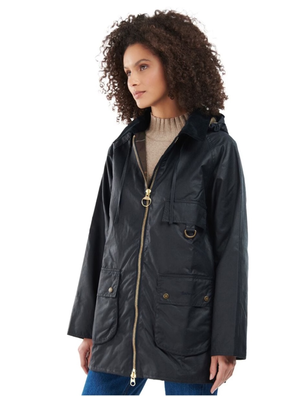 NWT Barbour Highclere Waxed Hooded  Navy Zip Jacket with Gold Hardware